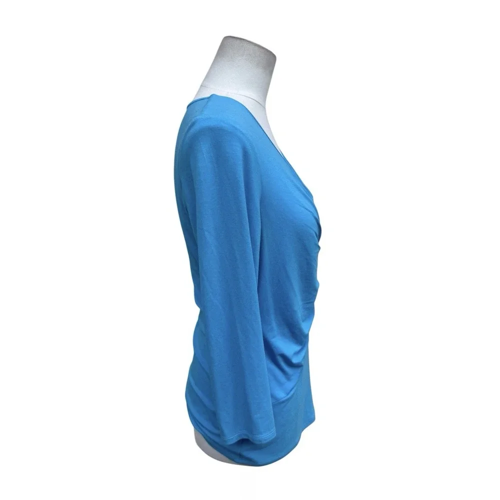 Etcetera Womens M Turquoise Blue Ruched V Neck 3/4 Sleeve Stretch Top